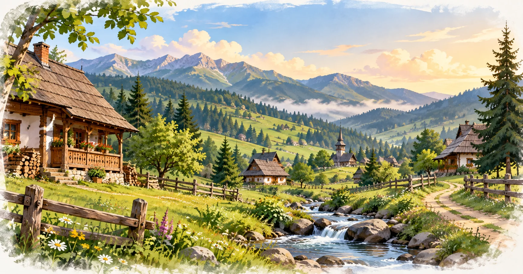 Ilustrație cu sat de munte, case tradiționale, pârâu și culmi împădurite